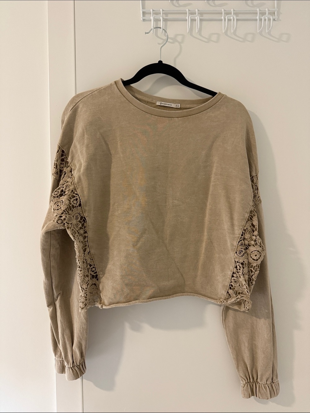 stradivarius Cropped Sweatshirt with Crochet Side Panels in Tan
